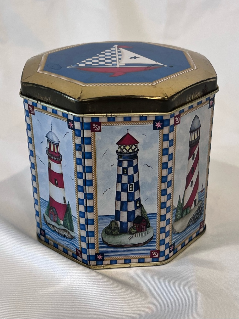Vintage Lighthouse Nautical Tin Box Octagon Sailboat Coastal Decor